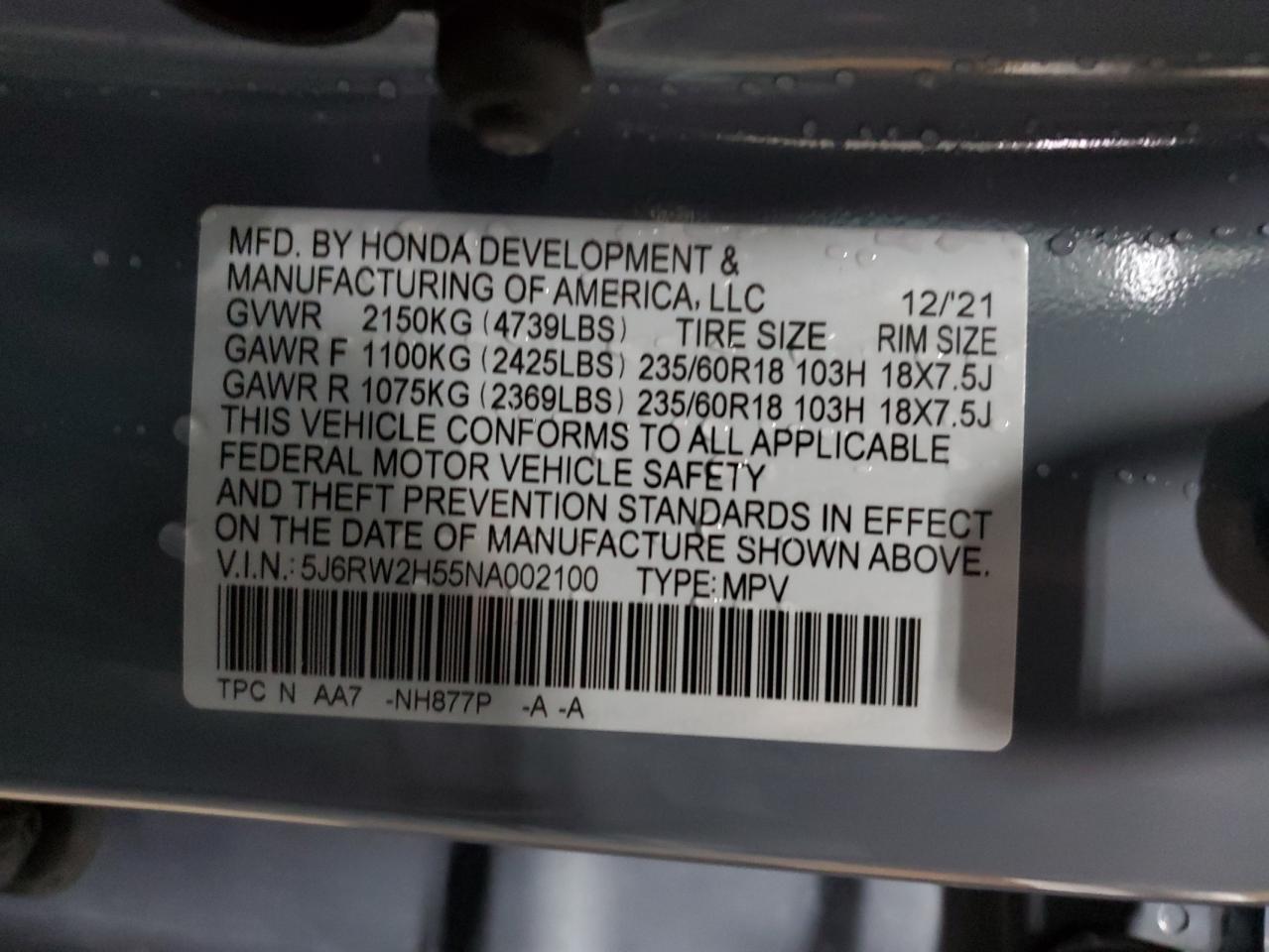 2022 HONDA CR-V EX VIN:5J6RW2H55NA002100