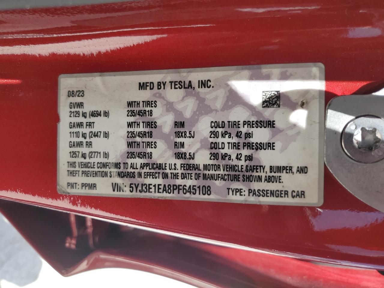 2023 TESLA MODEL 3 VIN:5YJ3E1EA8PF645108