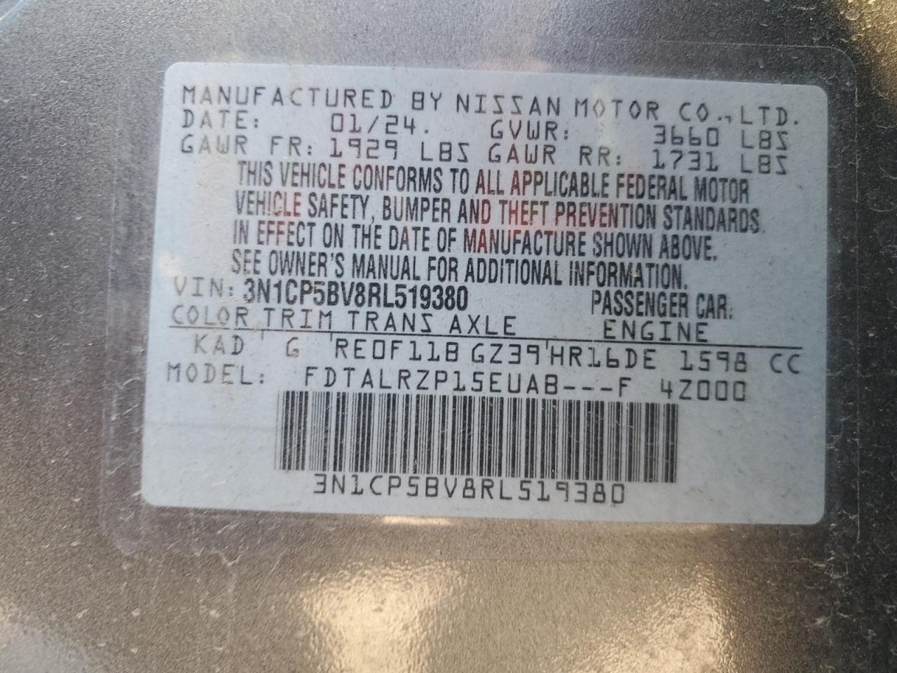 2024 NISSAN KICKS S VIN:3N1CP5BV8RL519380