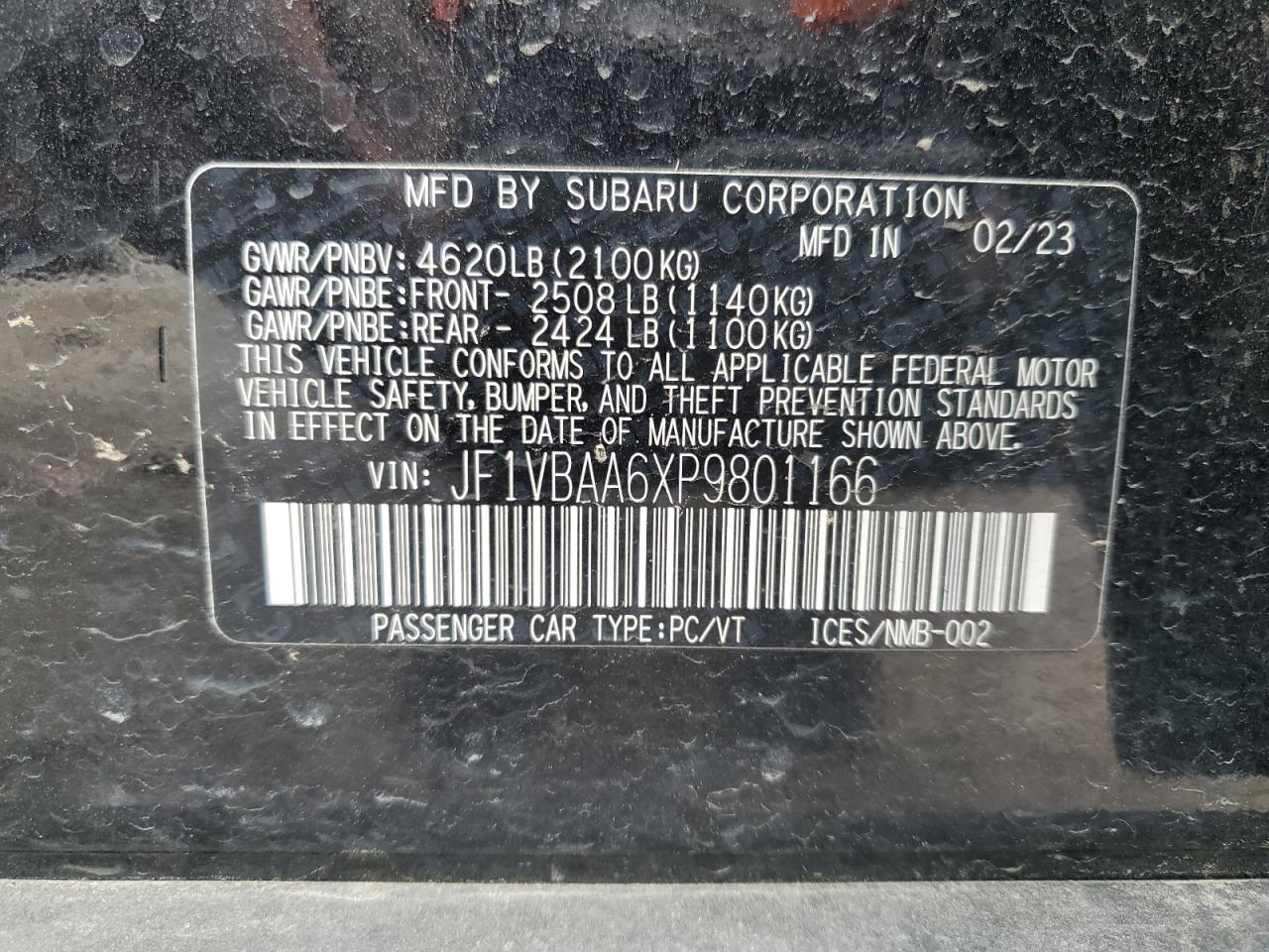 2023 SUBARU WRX VIN:JF1VBAA6XP9801166