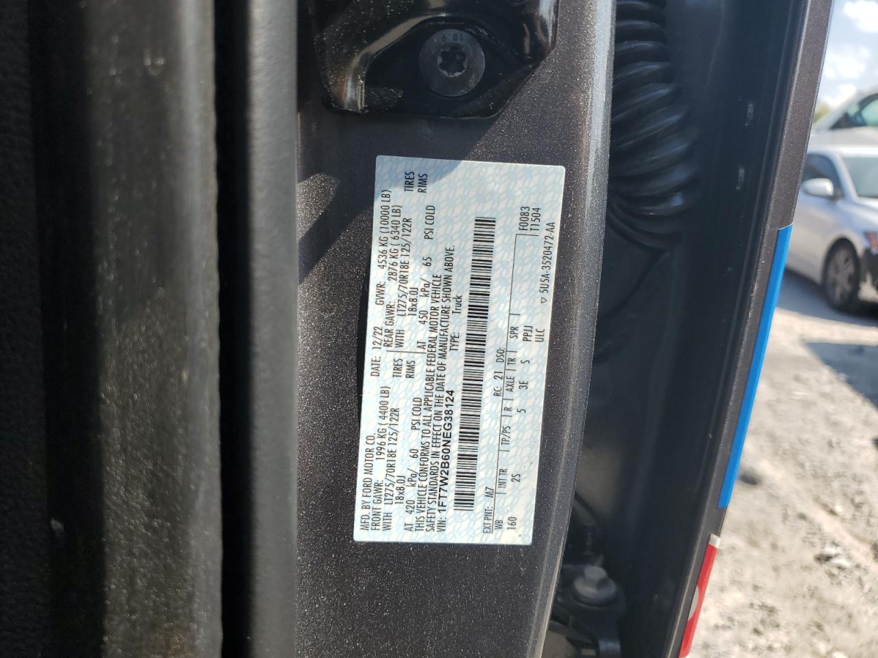 2022 FORD F250 SUPER DUTY VIN:1FT7W2B60NEG38124