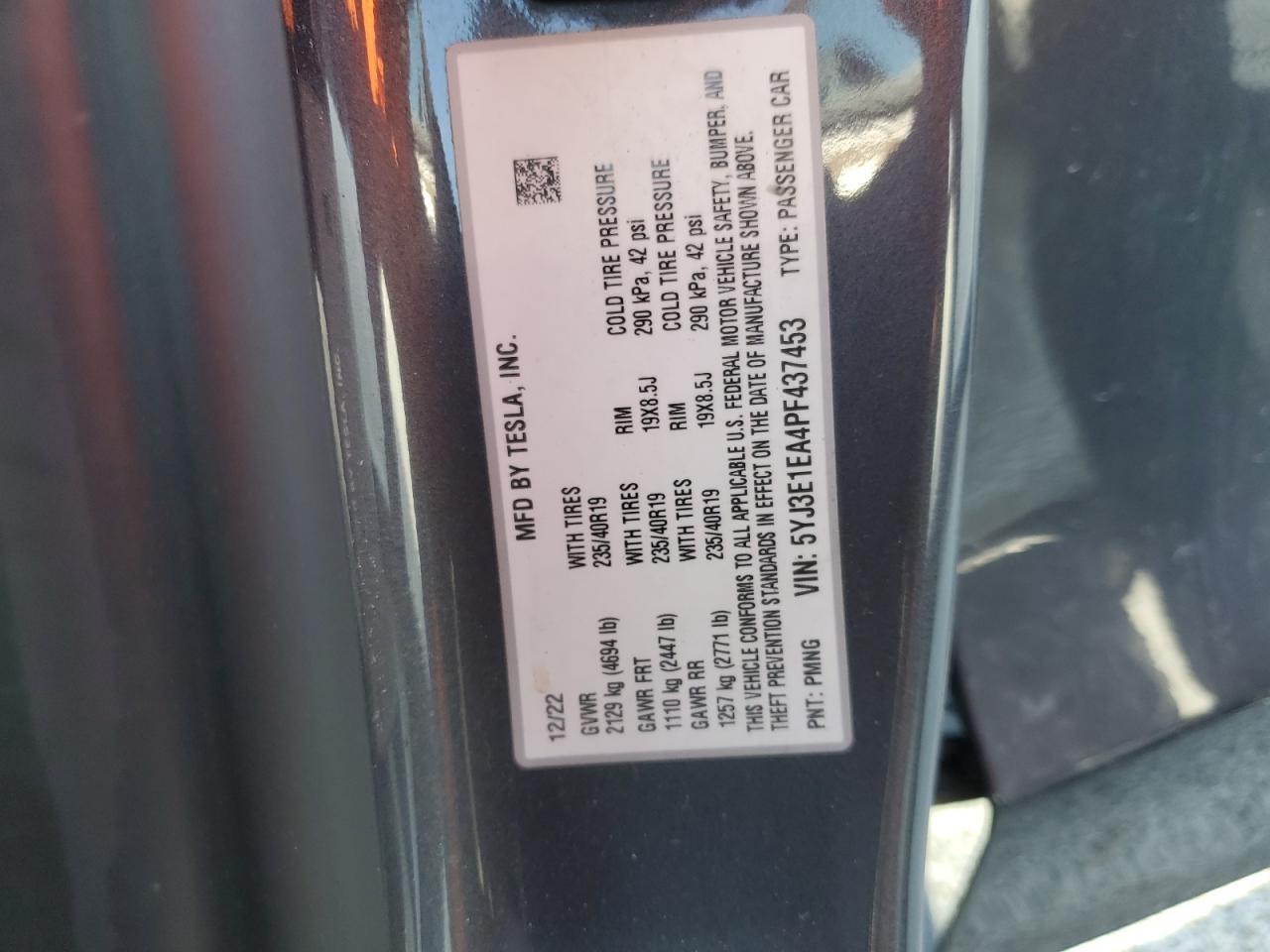 2023 TESLA MODEL 3 VIN:5YJ3E1EA4PF437453