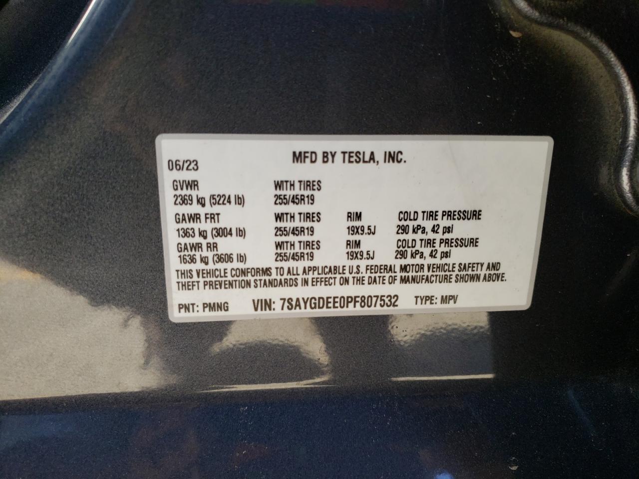 2023 TESLA MODEL Y VIN:7SAYGDEE0PF807532