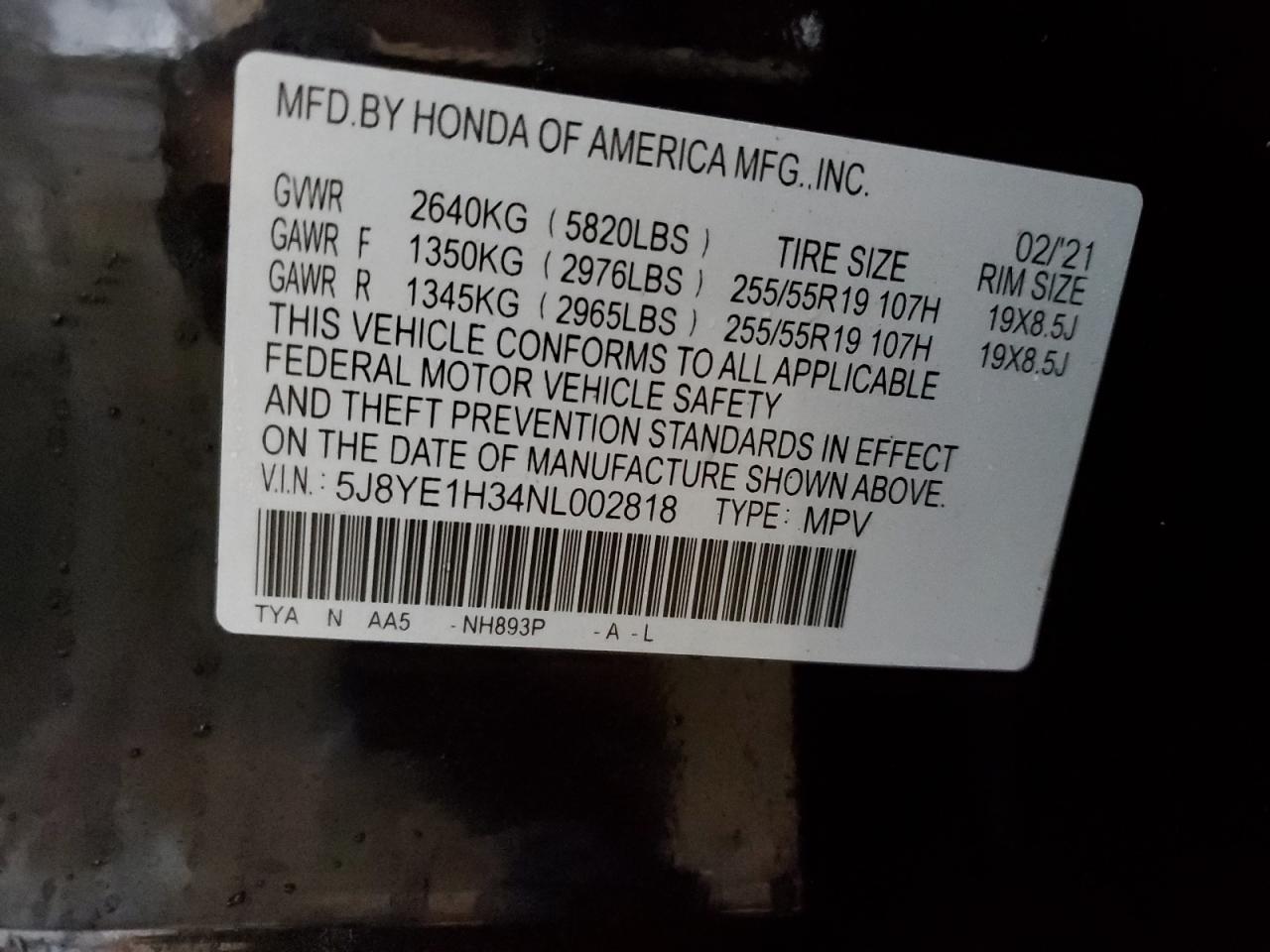 2022 ACURA MDX VIN:5J8YE1H34NL002818