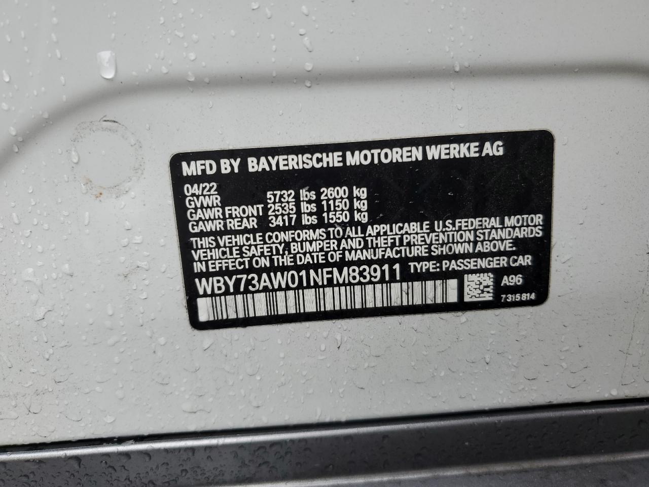 2022 BMW I4 EDRIVE 40 VIN:WBY73AW01NFM83911