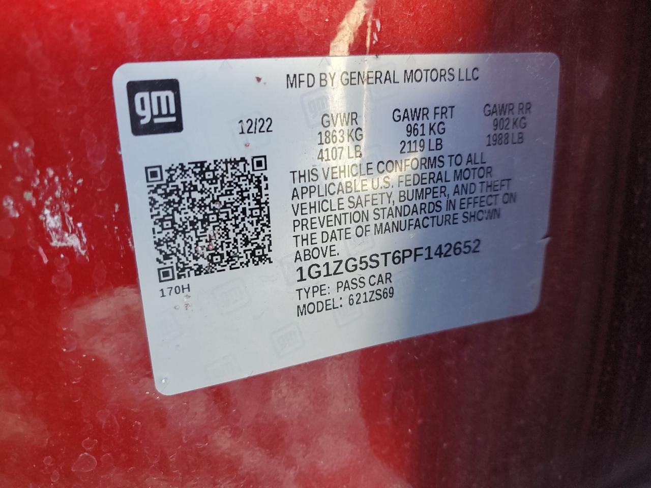 2023 CHEVROLET MALIBU RS VIN:1G1ZG5ST6PF142652