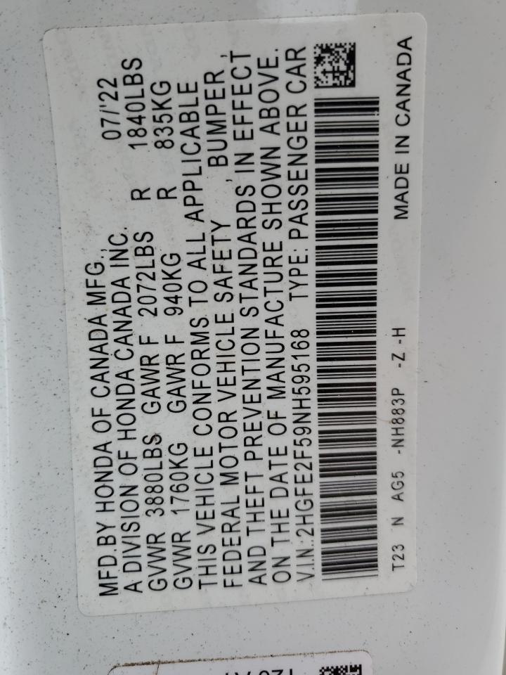 2022 HONDA CIVIC SPORT VIN:2HGFE2F59NH595168