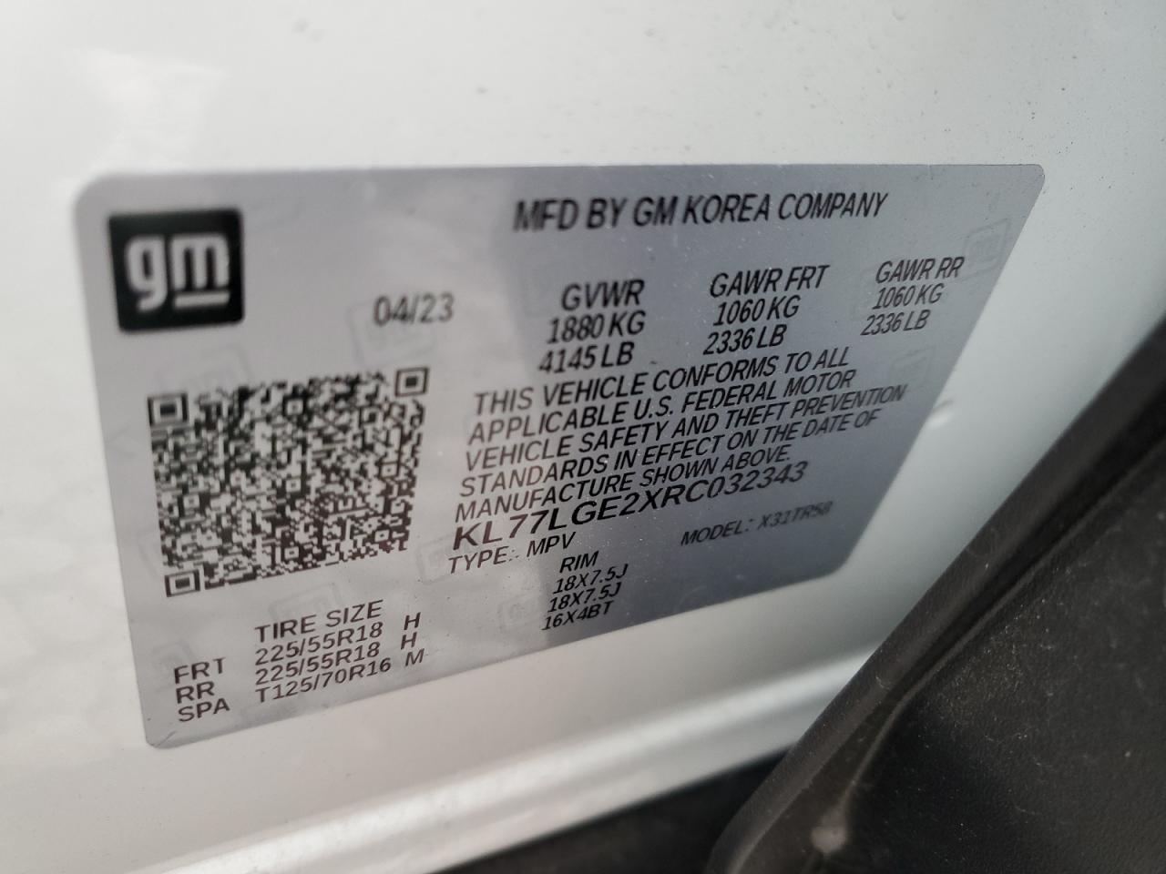 2024 CHEVROLET TRAX 1RS VIN:KL77LGE2XRC032343