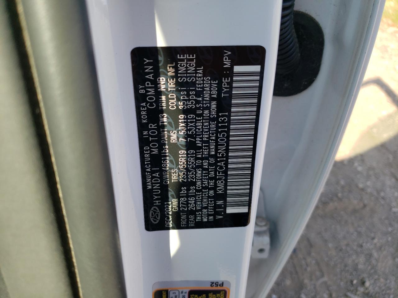 2022 HYUNDAI TUCSON SEL CONVENIENCE VIN:KM8JFCA15NU051131