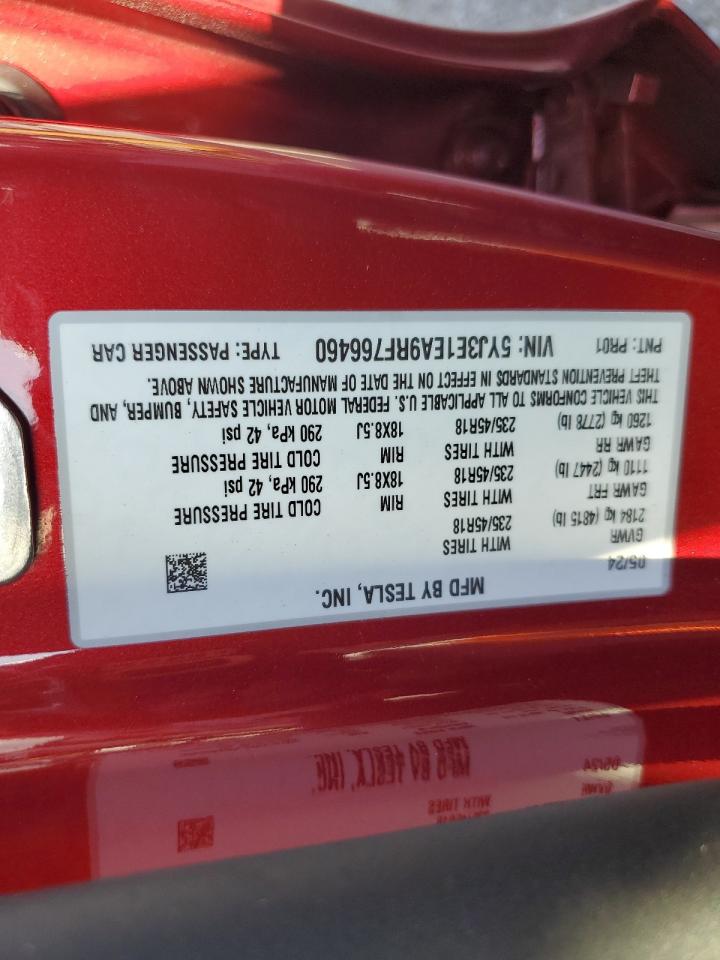 2024 TESLA MODEL 3 VIN:5YJ3E1EA9RF766460