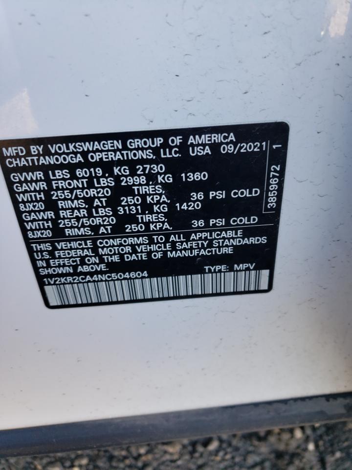 2022 VOLKSWAGEN ATLAS SE VIN:1V2KR2CA4NC504604
