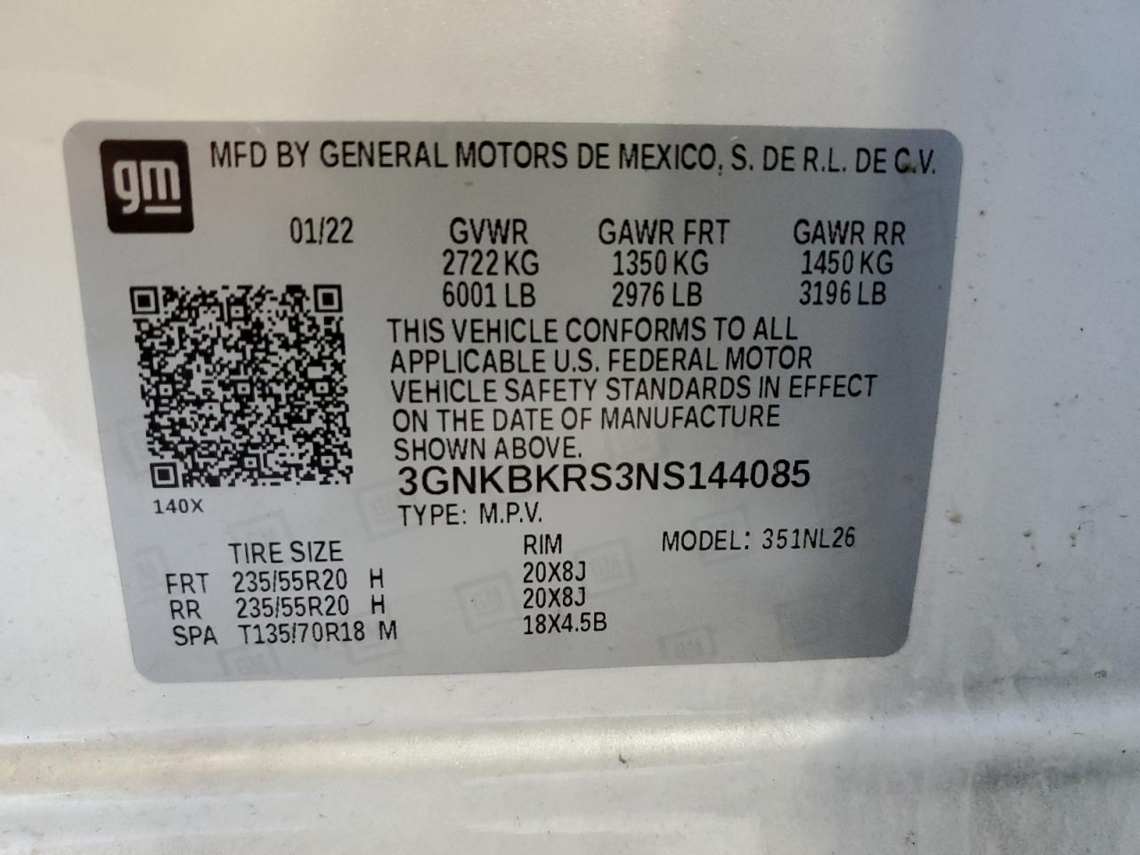 2022 CHEVROLET BLAZER RS VIN:3GNKBKRS3NS144085