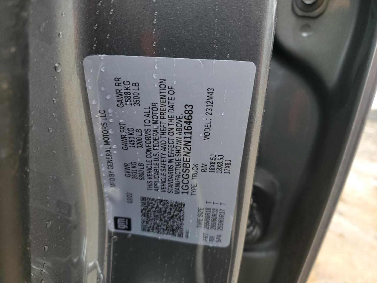 2022 CHEVROLET COLORADO VIN:1GCGSBEN2N1164683