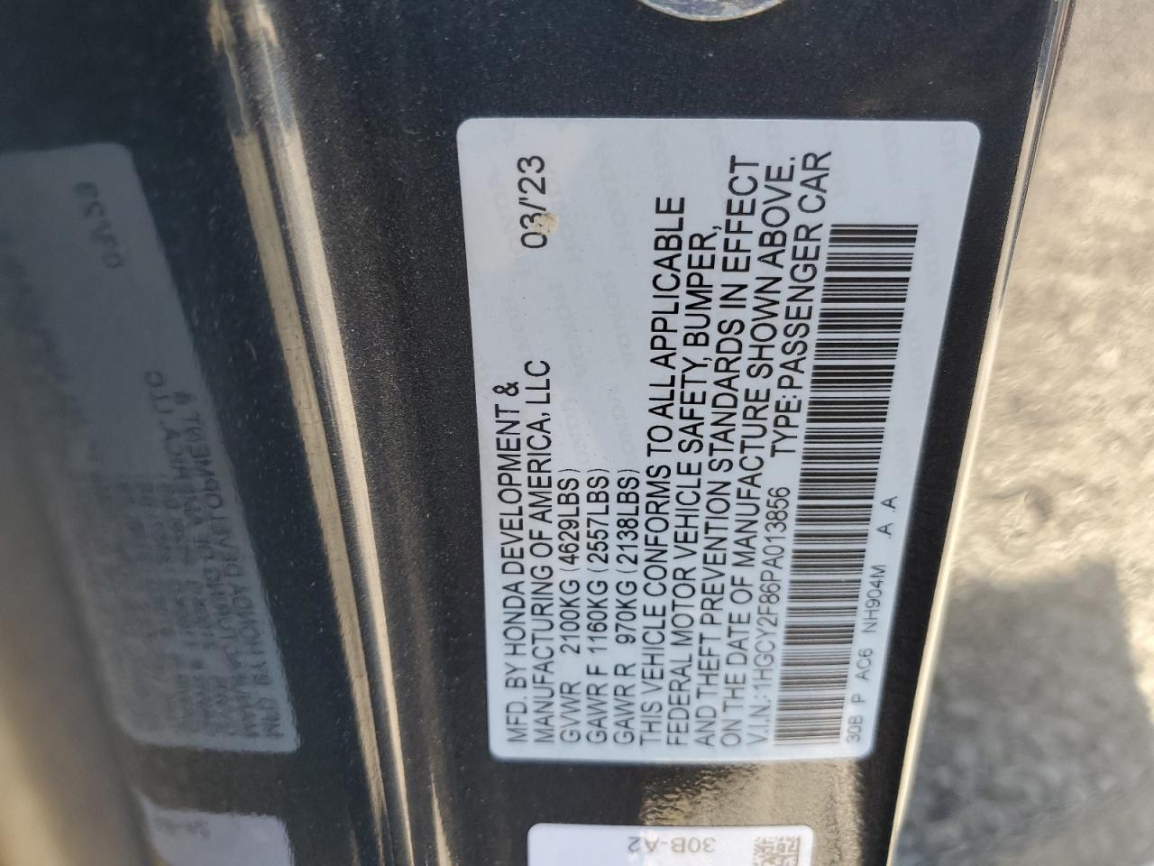 2023 HONDA ACCORD TOURING HYBRID VIN:1HGCY2F86PA013856