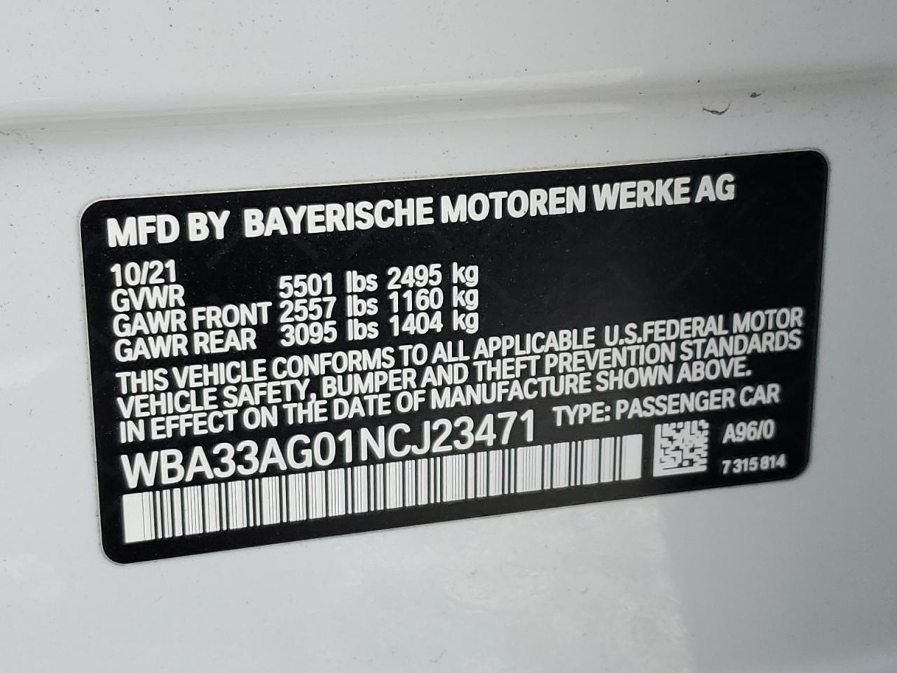 2022 BMW 530XE VIN:WBA33AG01NCJ23471