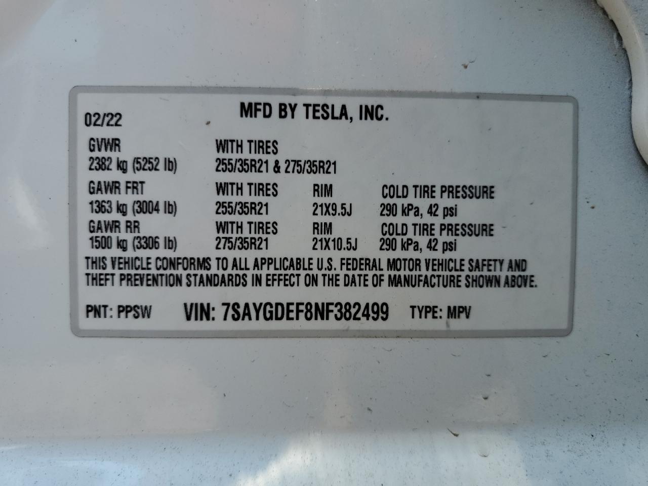 2022 TESLA MODEL Y VIN:7SAYGDEF8NF382499