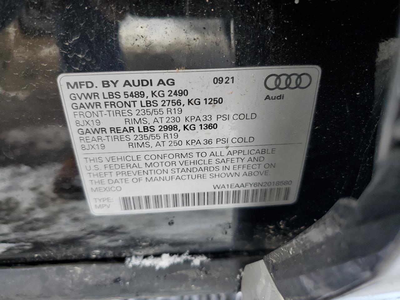 2022 AUDI Q5 PREMIUM PLUS 45 VIN:WA1EAAFY6N2018580