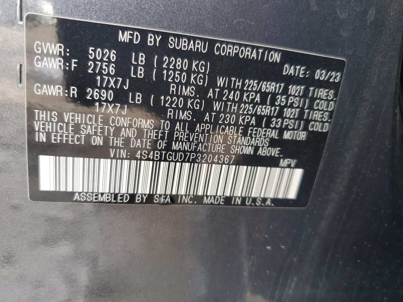 2023 SUBARU OUTBACK WILDERNESS VIN:4S4BTGUD7P3204367