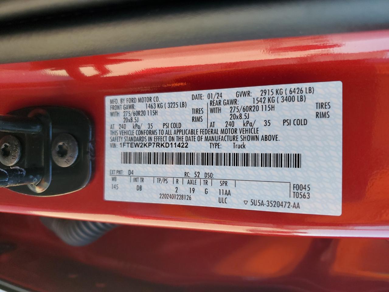 2024 FORD F150 STX VIN:1FTEW2KP7RKD11422