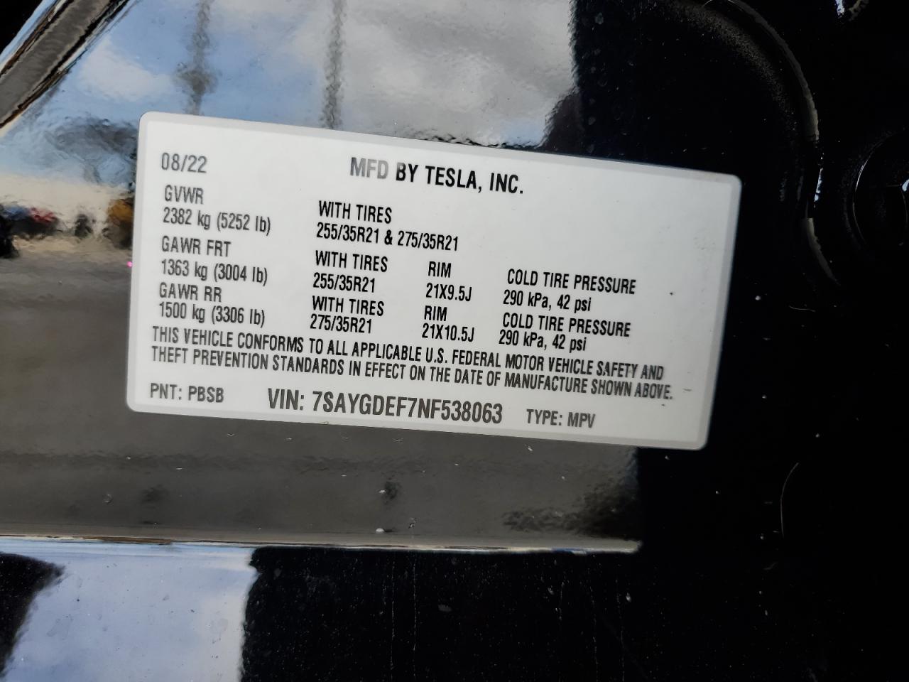 2022 TESLA MODEL Y VIN:7SAYGDEF7NF538063