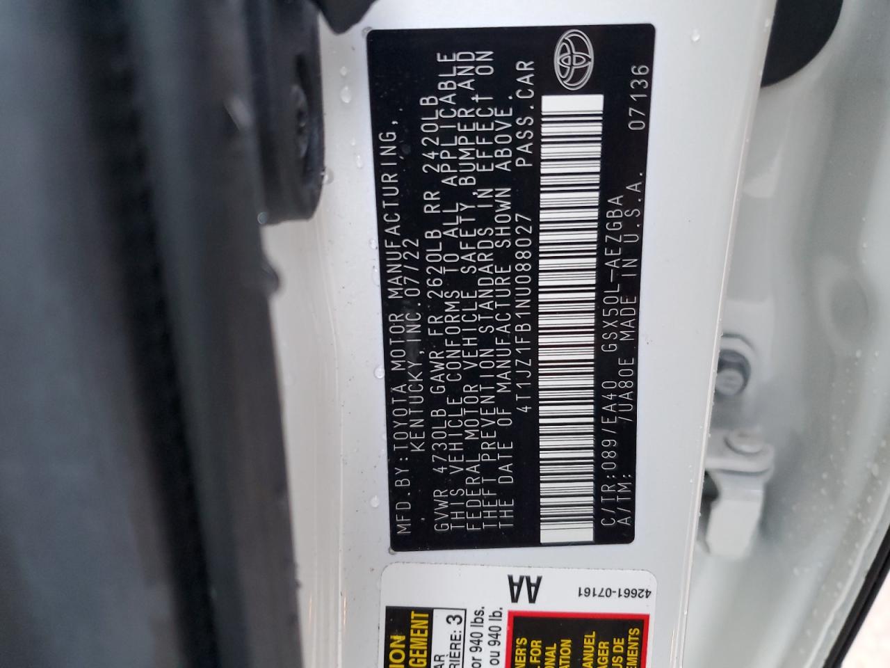 2022 TOYOTA AVALON XLE VIN:4T1JZ1FB1NU088027