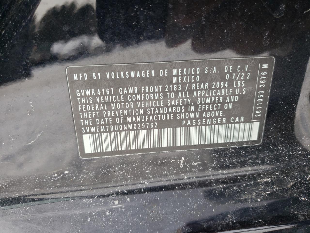2022 VOLKSWAGEN JETTA SE VIN:3VWEM7BU0NM029762