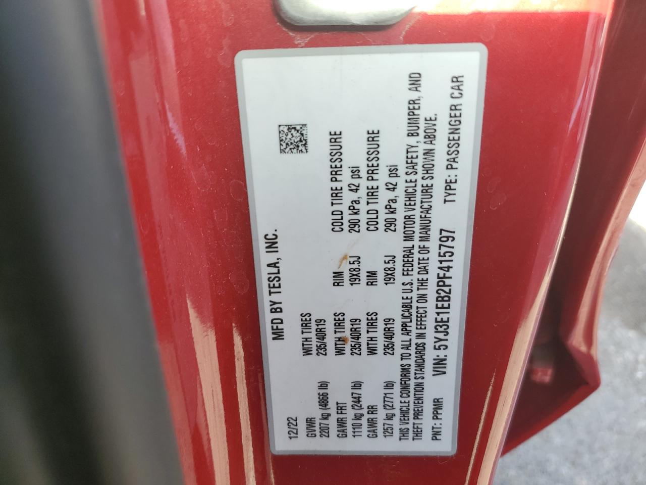 2023 TESLA MODEL 3 VIN:5YJ3E1EB2PF415797