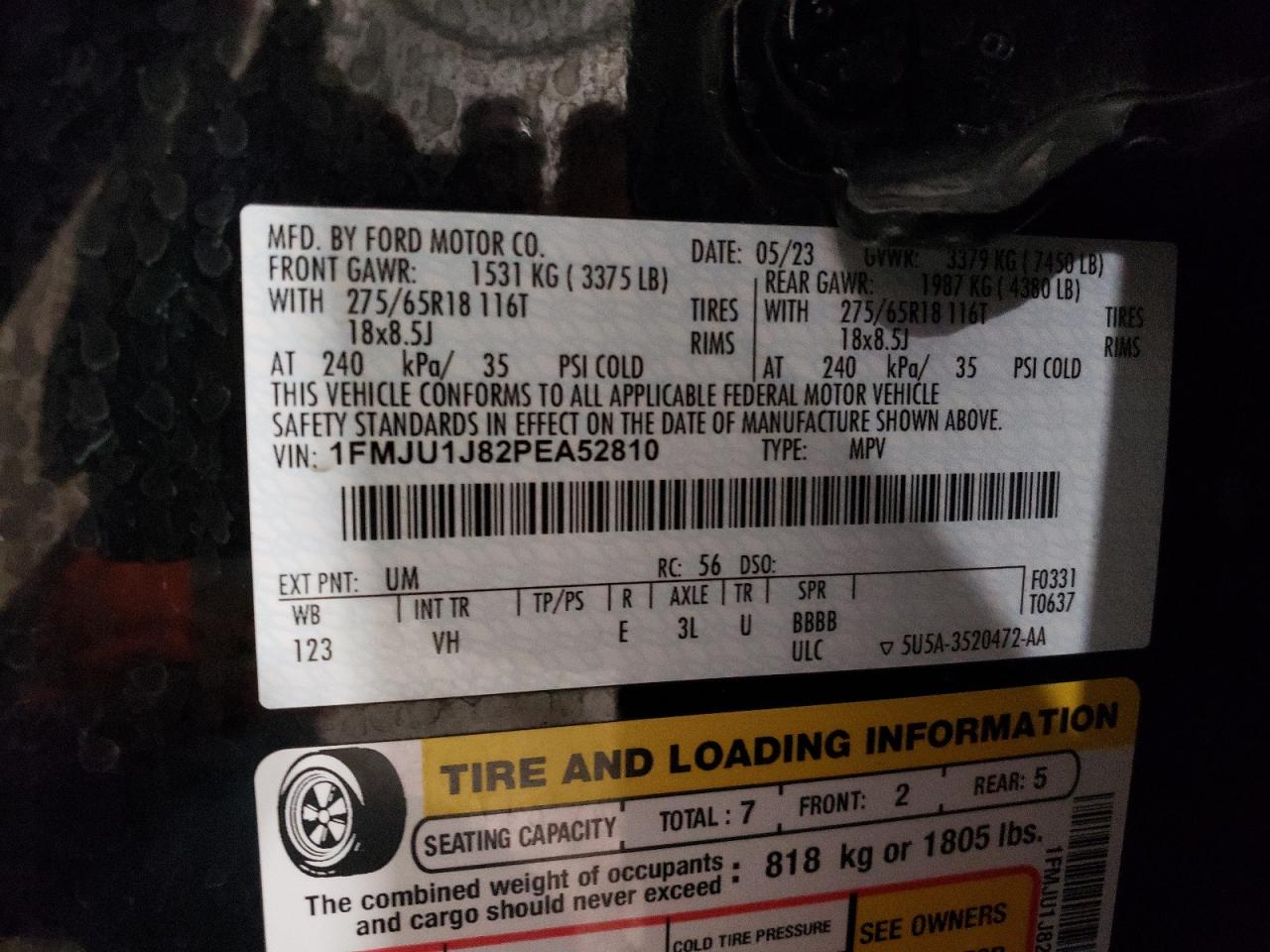 2023 FORD EXPEDITION XLT VIN:1FTFX1EF6EFA91515