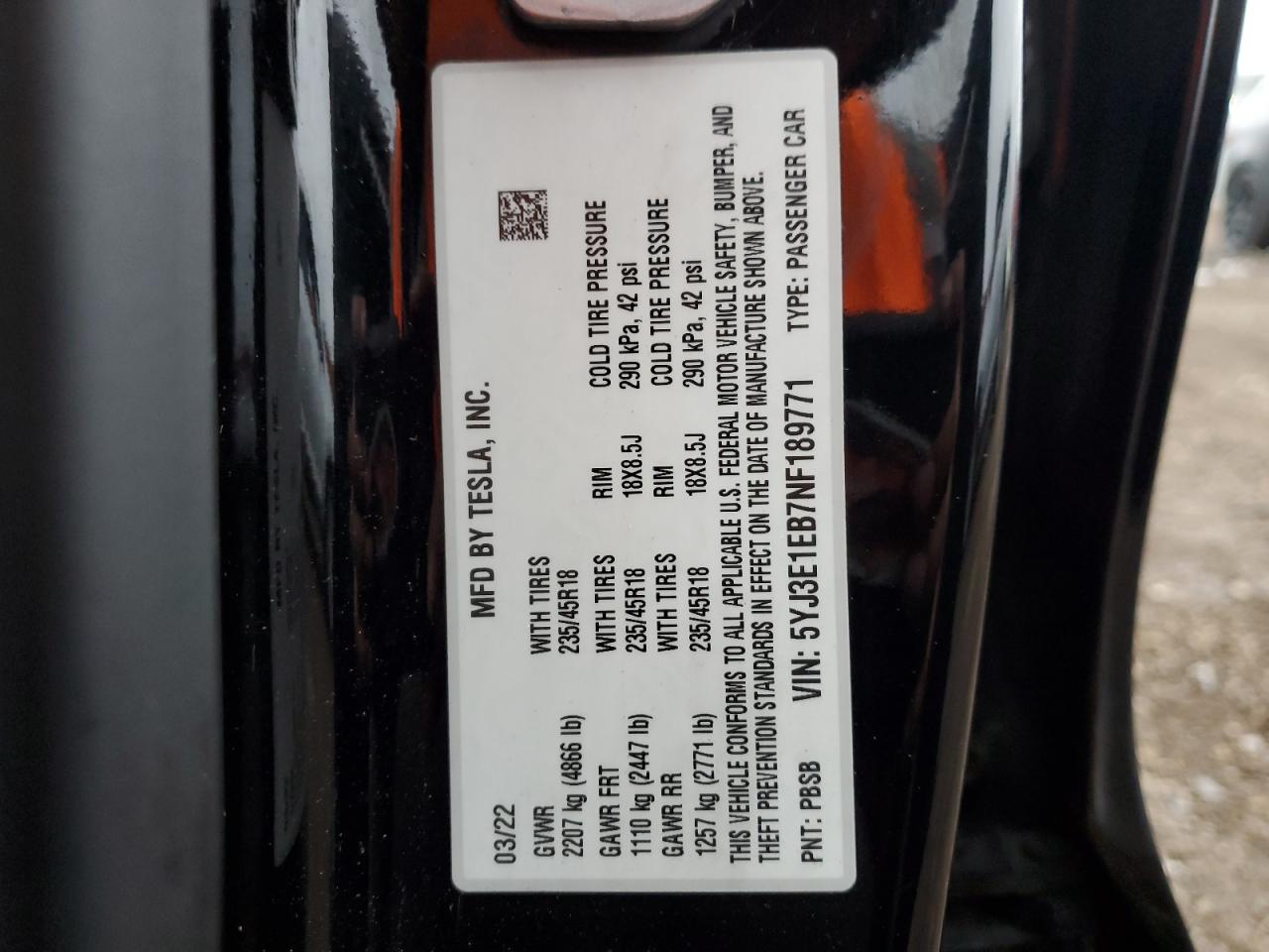 2022 TESLA MODEL 3 VIN:5YJ3E1EB7NF189771