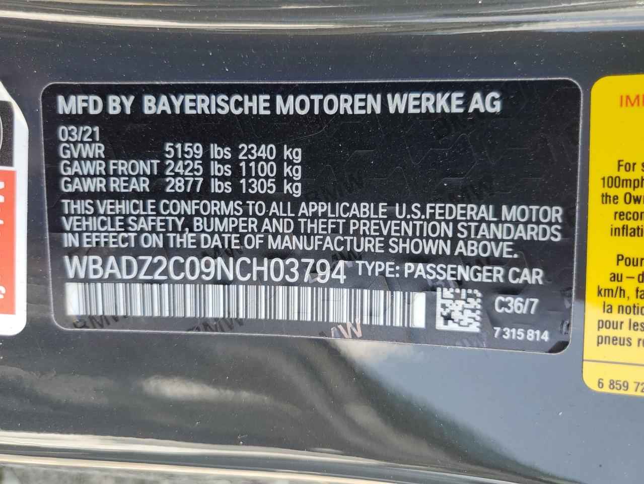 2022 BMW 840I VIN:WBADZ2C09NCH03794