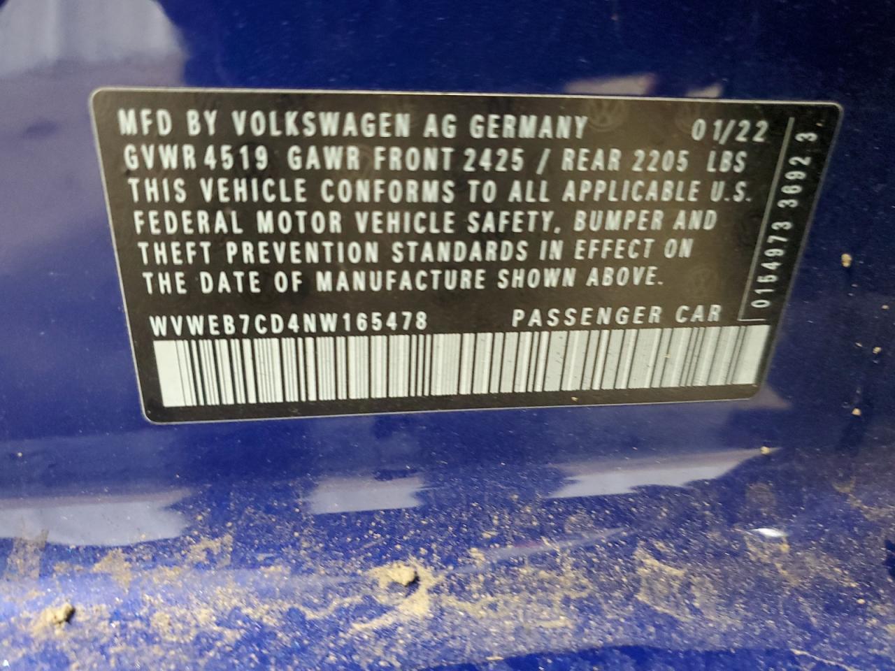2022 VOLKSWAGEN GOLF R VIN:WVWEB7CD4NW165478