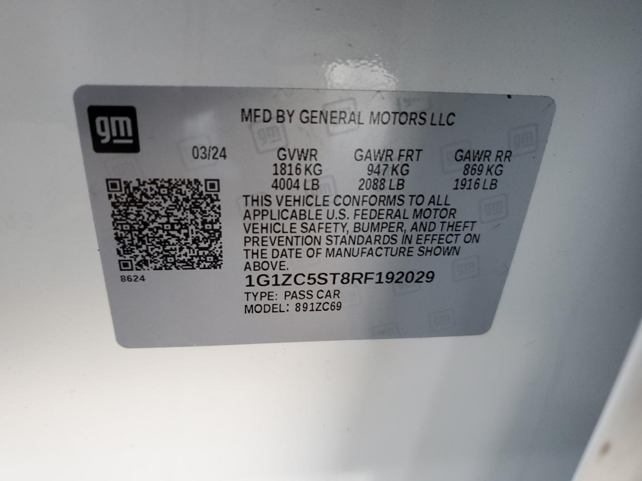 2024 CHEVROLET MALIBU LS VIN:1G1ZC5ST8RF192029