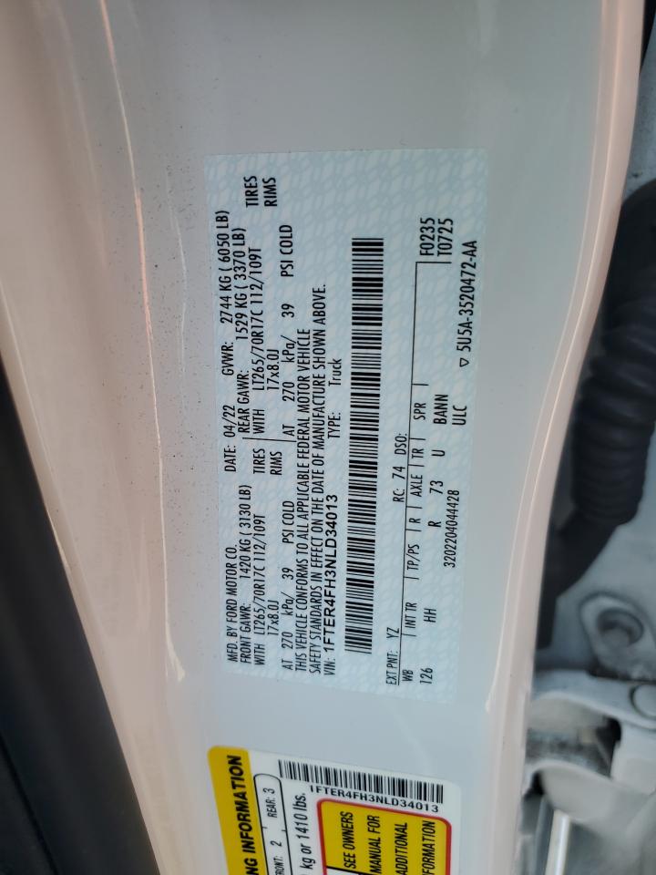 2022 FORD RANGER XL VIN:1FTER4FH3NLD34013