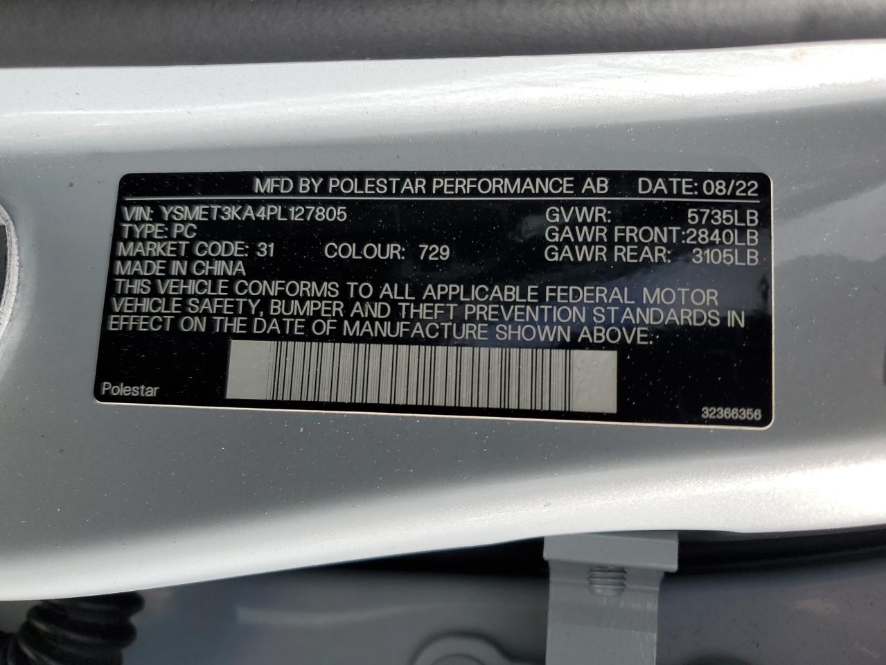 2023 POLESTAR 2 VIN:YSMET3KA4PL127805