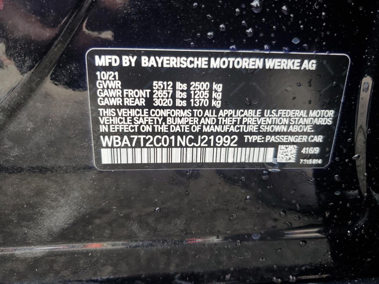 2022 BMW 740 I VIN:WBA7T2C01NCJ21992