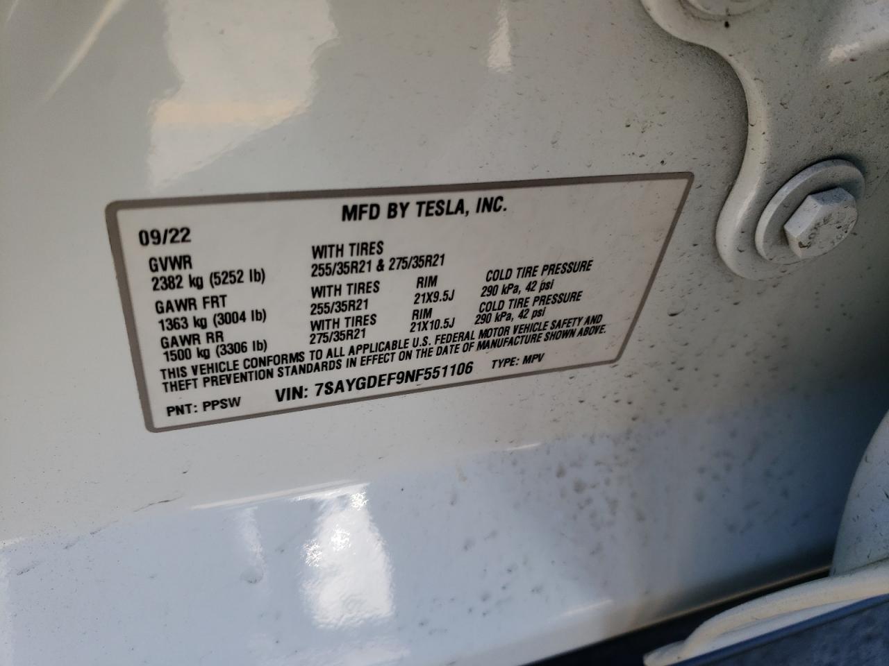 2022 TESLA MODEL Y VIN:7SAYGDEF9NF551106