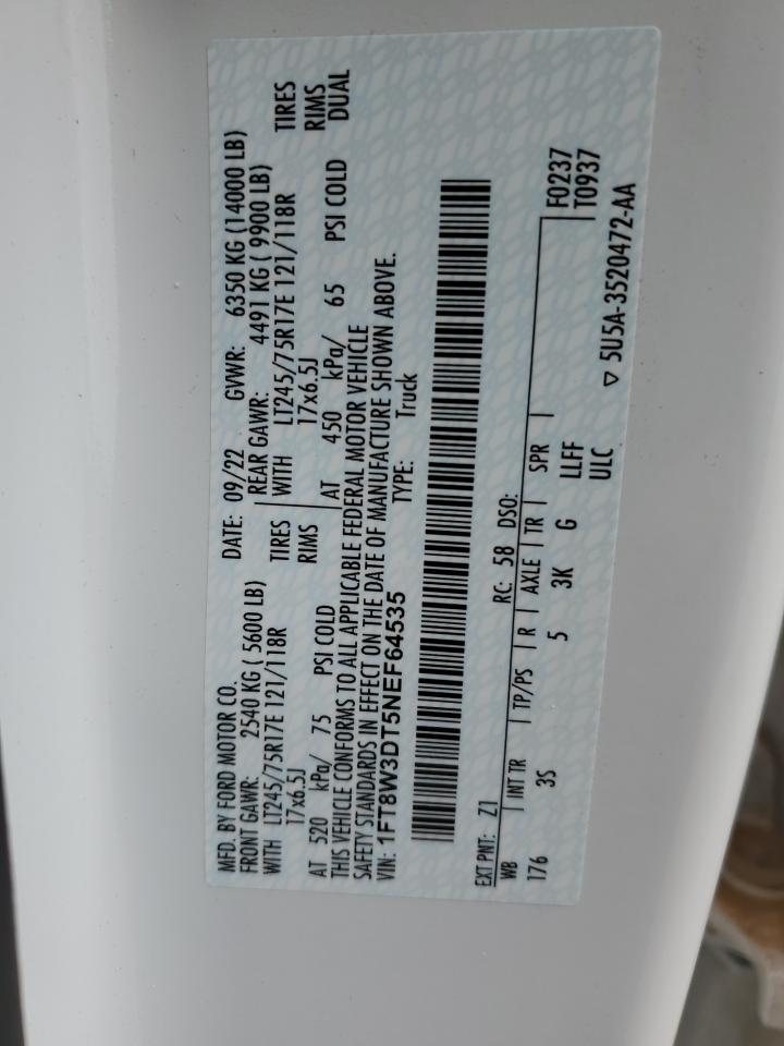 2022 FORD F350 SUPER DUTY VIN:1FT8W3DT5NEF64535
