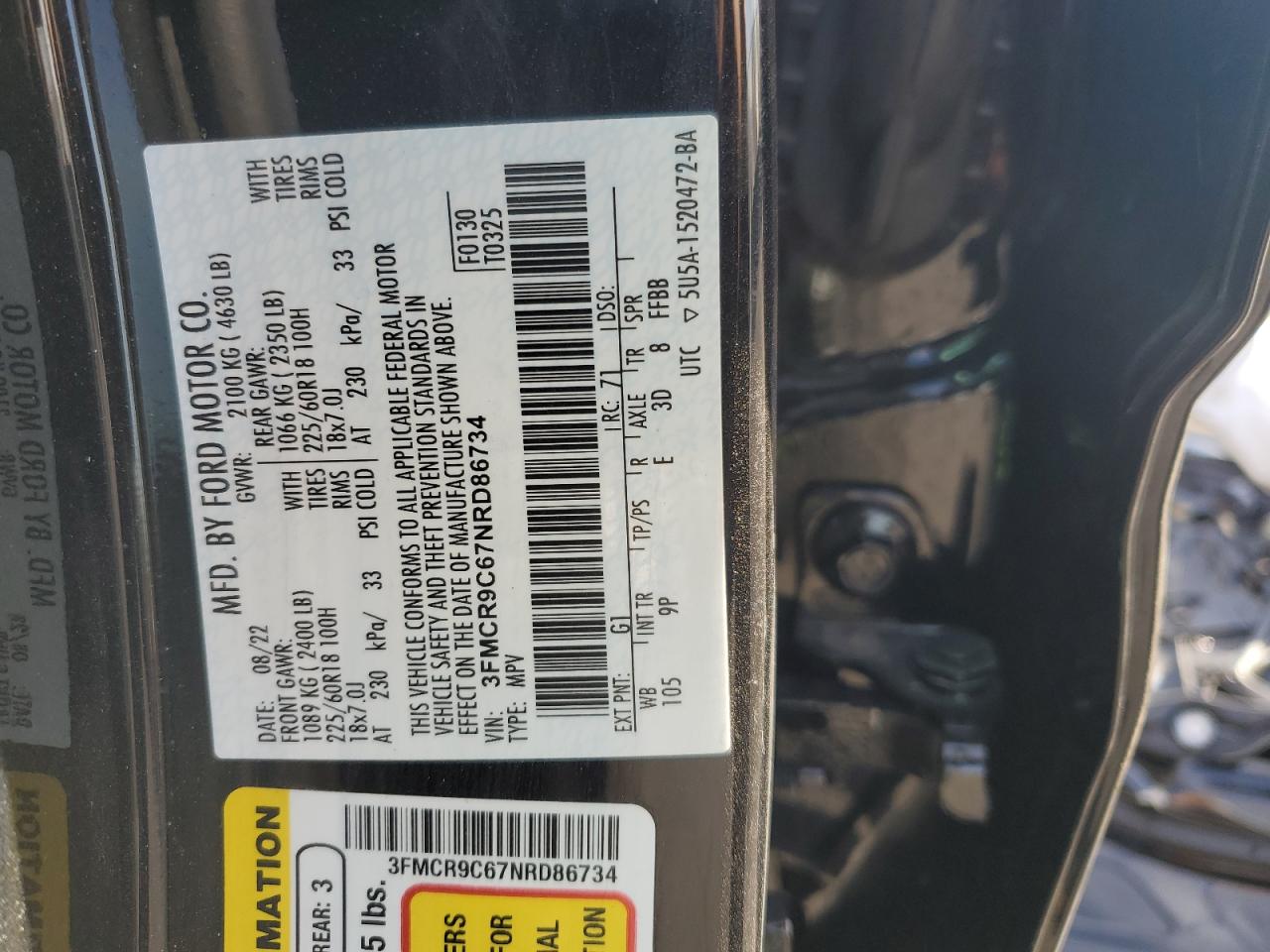 2022 FORD BRONCO SPORT OUTER BANKS VIN:3FMCR9C67NRD86734