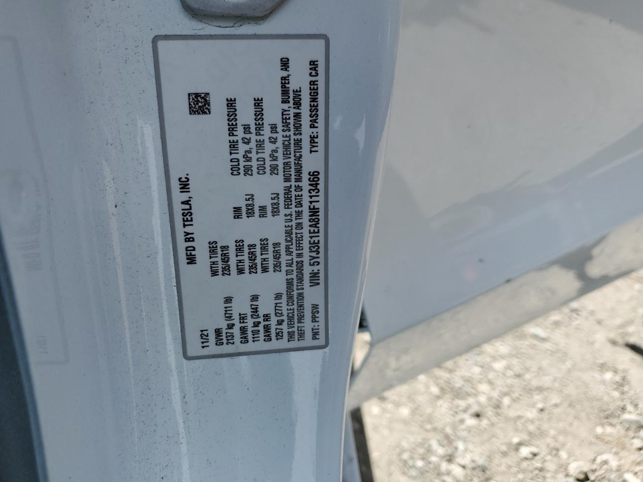 2022 TESLA MODEL 3 VIN:5YJ3E1EA8NF113466