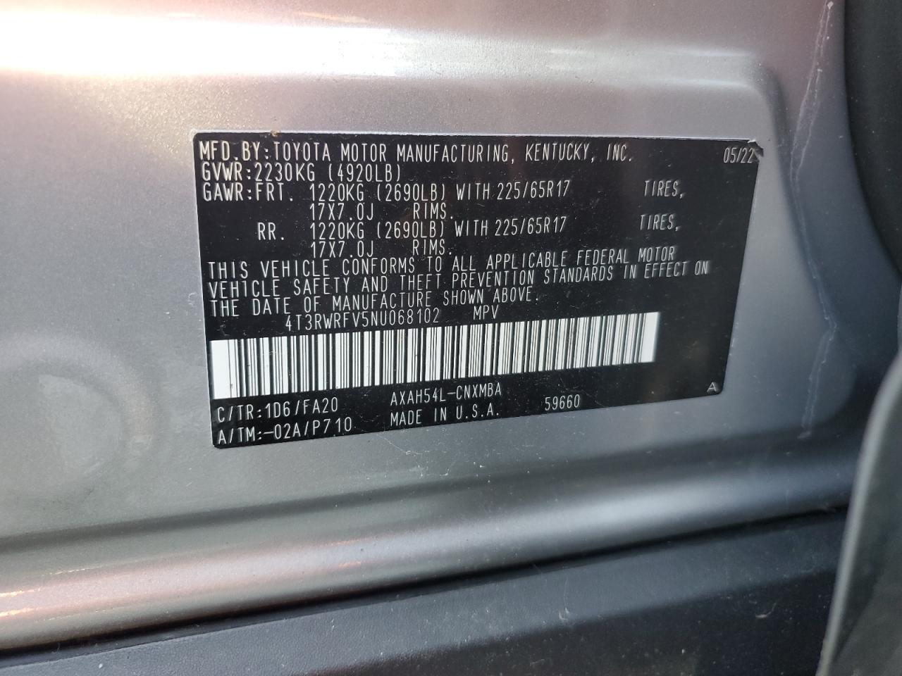 2022 TOYOTA RAV4 XLE VIN:4T3RWRFV5NU068102