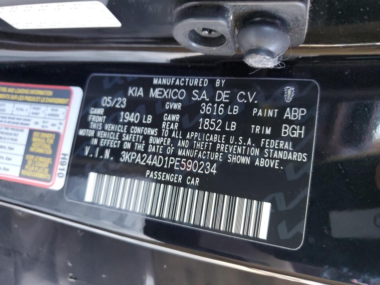 2023 KIA RIO LX VIN:3KPA24AD1PE590234