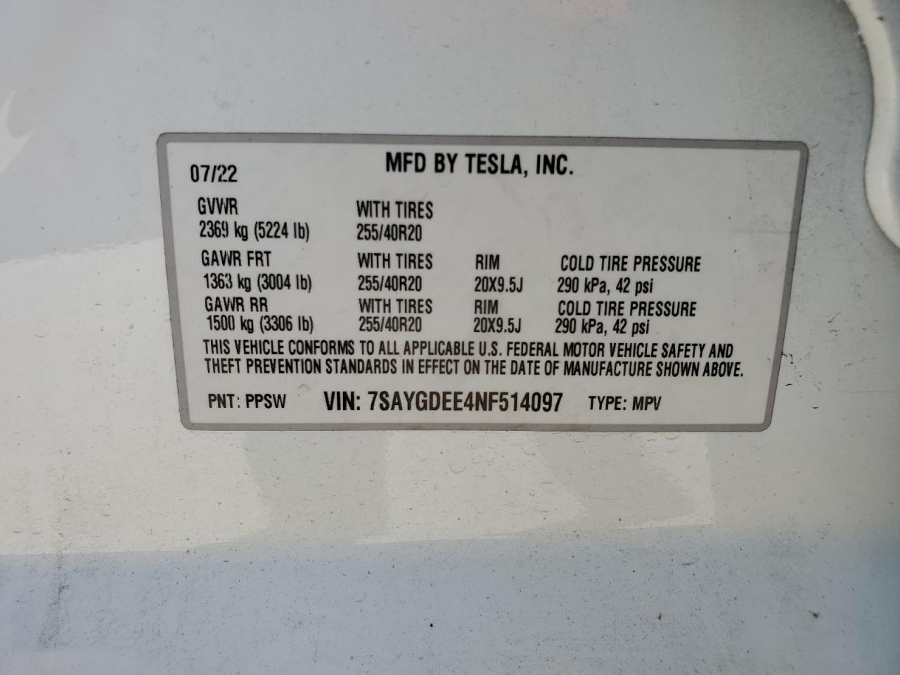 2022 TESLA MODEL Y VIN:7SAYGDEE4NF514097