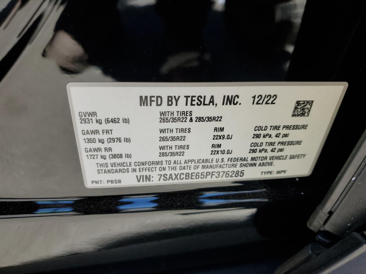 2023 TESLA MODEL X VIN:7SAXCBE65PF376285