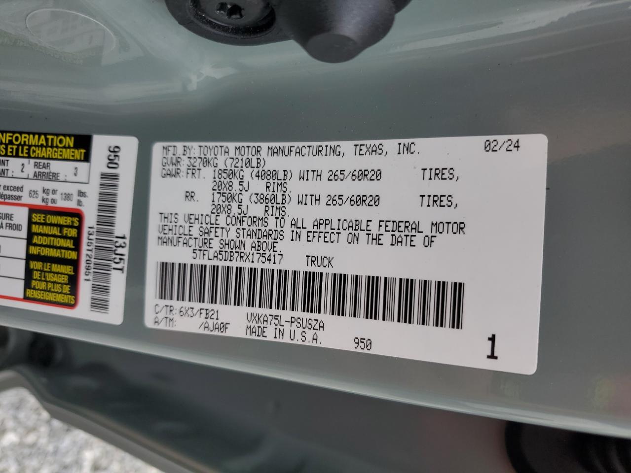 2024 TOYOTA TUNDRA CREWMAX SR VIN:5TFLA5DB7RX175417