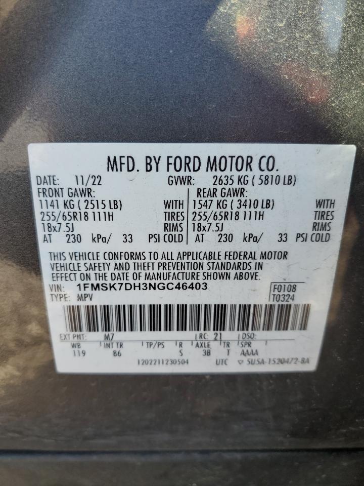 2022 FORD EXPLORER XLT VIN:1FMSK7DH3NGC46403