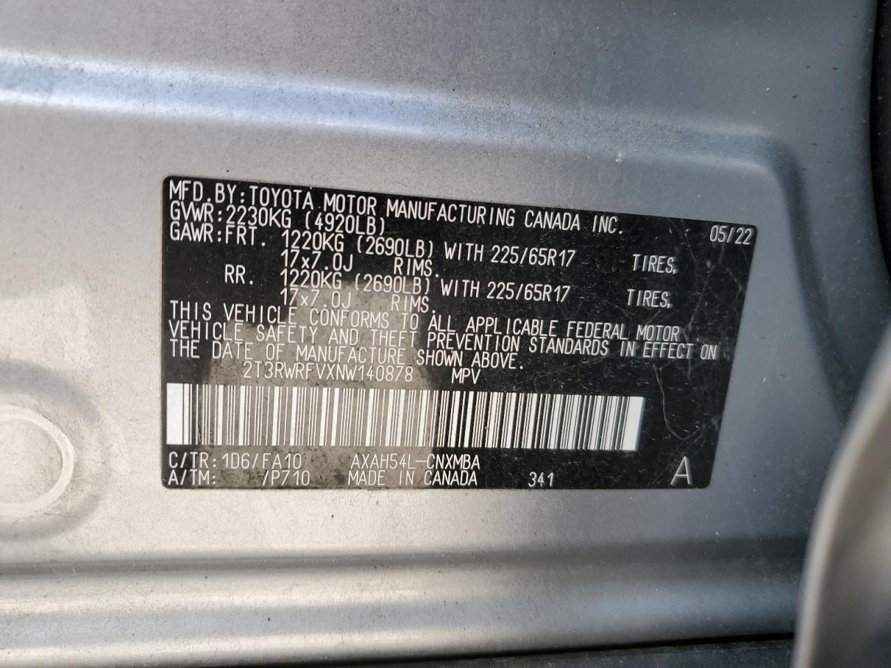 2022 TOYOTA RAV4 XLE VIN:2T3RWRFVXNW140878