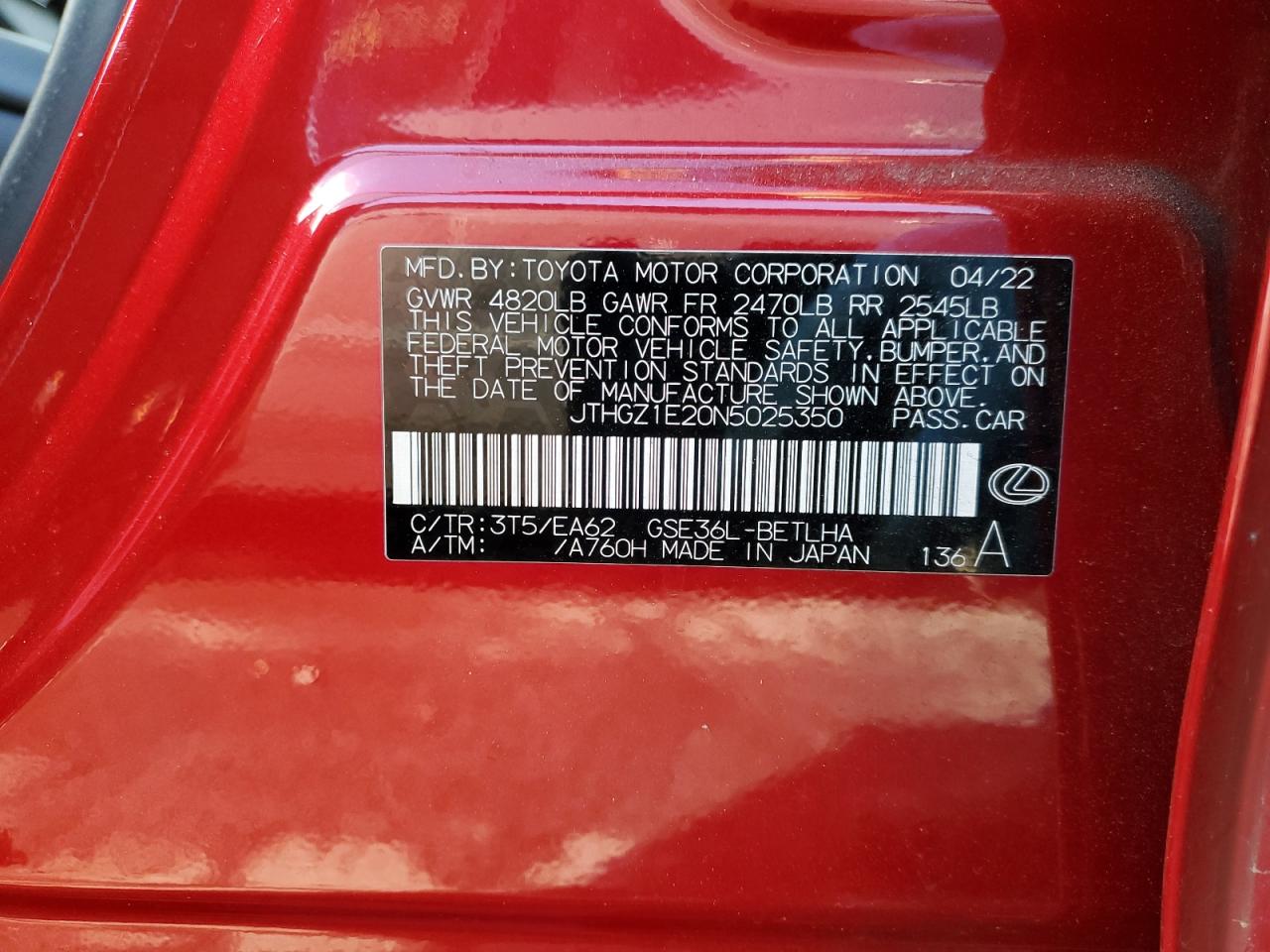 2022 LEXUS IS 350 F SPORT VIN:JTHGZ1E20N5025350