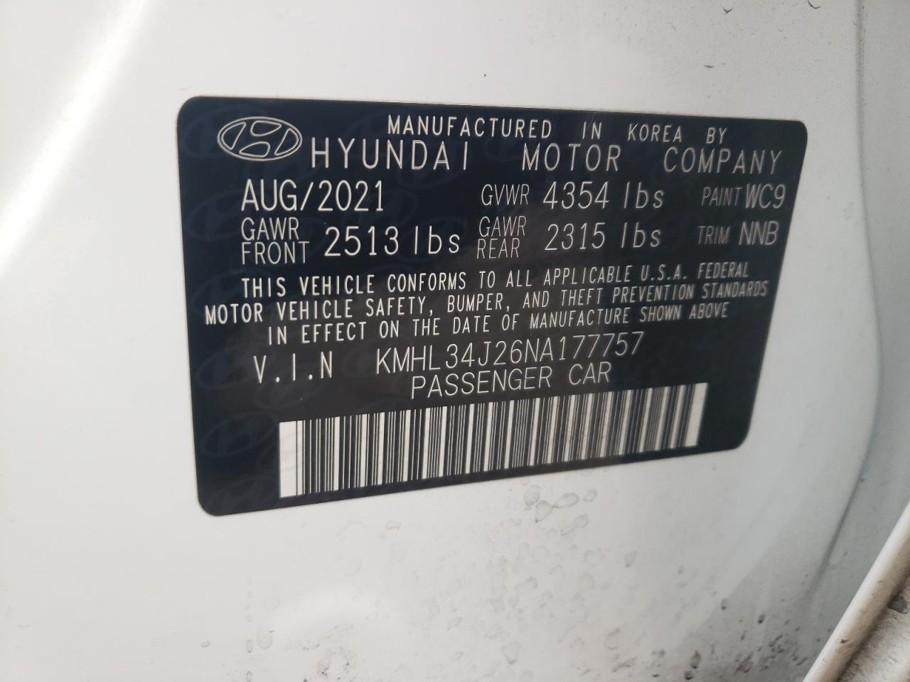 2022 HYUNDAI SONATA LIMITED VIN:KMHL34J26NA177757