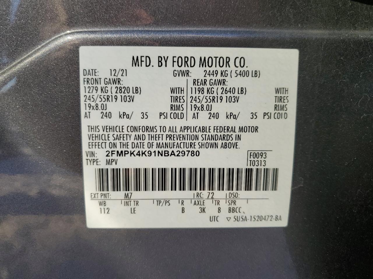 2022 FORD EDGE TITANIUM VIN:2FMPK4K91NBA29780