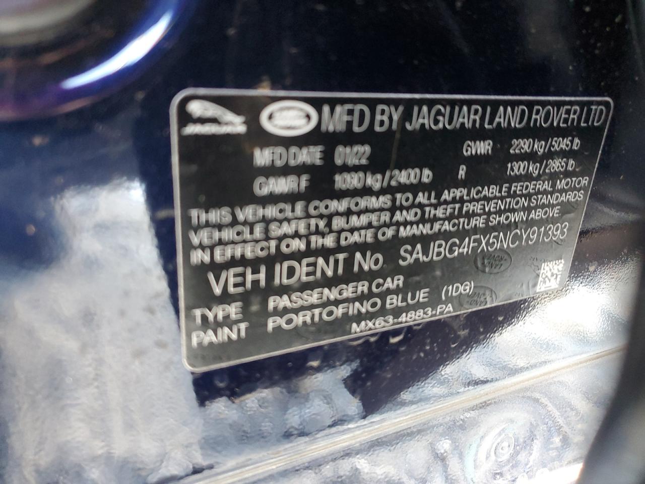 2022 JAGUAR XF SE VIN:SAJBG4FX5NCY91393